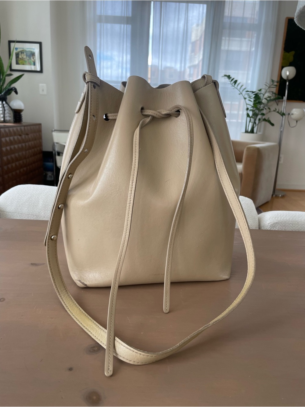 Mansur Gavriel Beige Leather Drawstring Bucket Bag